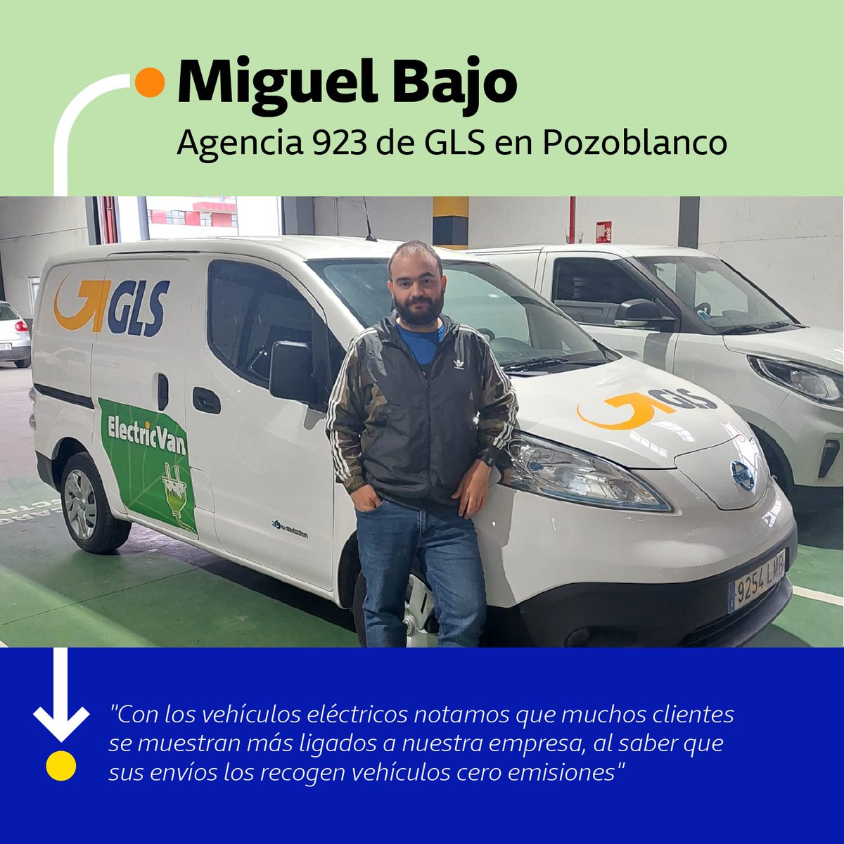 🔌 La electrificación es un compromiso con el planeta y con nuestros clientes.

"Muchos clientes se muestran más ligados a nuestra empresa al saber que sus envíos los recogen vehículos cero emisiones".
Miguel Bajo, de la Agencia 923 de #GLSSpain en Pozoblanco.

#ClimateProtect