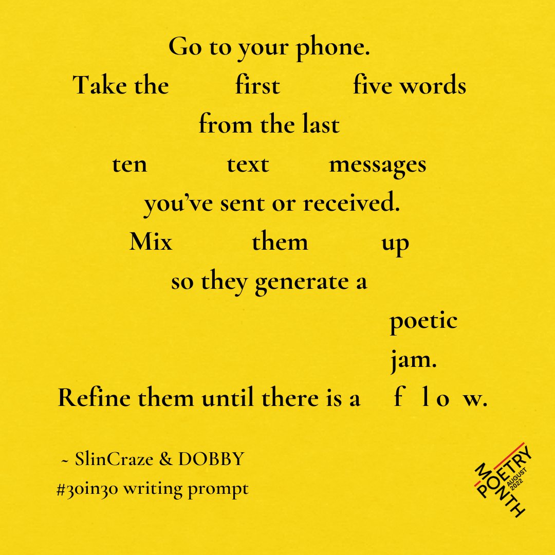 Today's #30in30 writing prompt comes from rappers SlinCraze & @dobbyau. To enter, reply to this tweet with your 3 line poem or excerpt before 3pm tomorrow, using #30in30! #PoetryMonth #NationalPoetryMonth #auspoetrycompetition #poetrycompetition #dailypoetry @CopyrightAgency