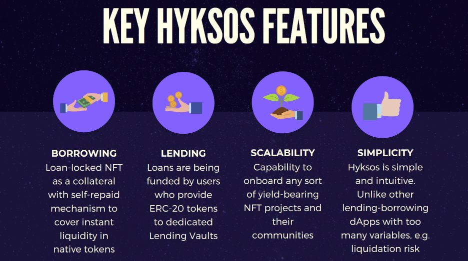 <a href="/HyksosFi/">Hyksos</a> makes #DeFi &amp; #NFTs complete 💎

Borrowing - unlock your NFT’s future yield on demand

Lending - deposit NFT’s native tokens, fund loans &amp; earn min. 25% ROI

Scalability - in business talks with 10+ NFT projects

Simplicity - no liquidation risk of your NFT and crypto