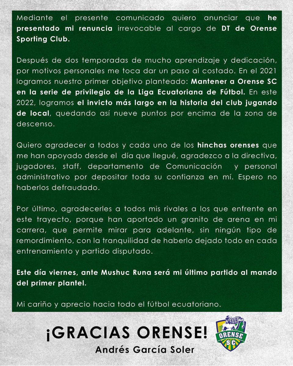 JosueNarvaez's tweet photo. Se oficializa la salida de Andrés García 🇪🇸 a través de un Comunicado Oficial y una carta del DT. publicada por el club en sus redes sociales.
El estratega disputó 32 partidos registrando 8 victorias, 14 empates y 10 derrotas. Además hizo debutar a 7 canteranos en el 1er equipo. https://t.co/fIrij3TQYu