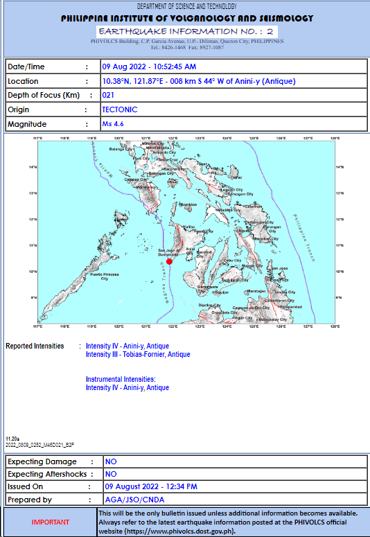dzbb's tweet photo. EARTHQUAKE ALERT: (As of 12:34 pm) Niyanig ng magnitude 4.6 na lindol ang Anini-y, Antique kaninang 10:52 am. 

Ramdam ang pagyanig sa mga sumusunod na lugar: 

Intensity 4 - Anini-y, Antique
Intensity 3 - Tobias-Fornier, Antique

| via @phivolcs_dost https://t.co/0uFVgvcYzl