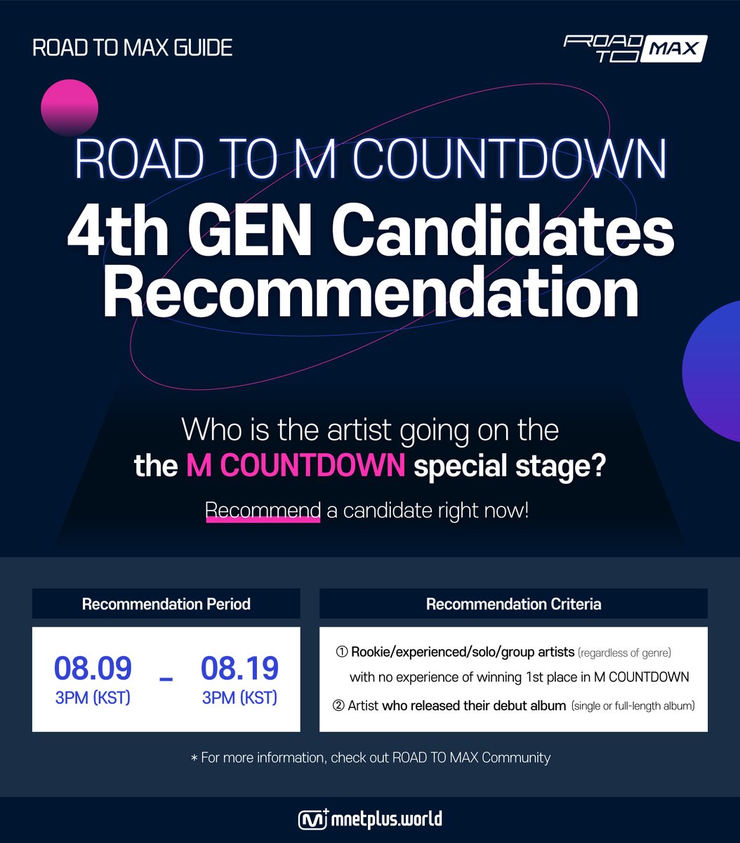 mnetplus's tweet image. [#ROAD_TO_MAX]
ROAD TO MCD 4th GEN 
Recommendation OPEN! 

🙋Recommendation Criteria 
✅All artists (all genre &amp;amp; no record of 1st place in MCD) 
✅Released debut album 

Recommend your artist now! 
👉 bit.ly/3vP0SNL

#MnetPlus #엠넷플러스