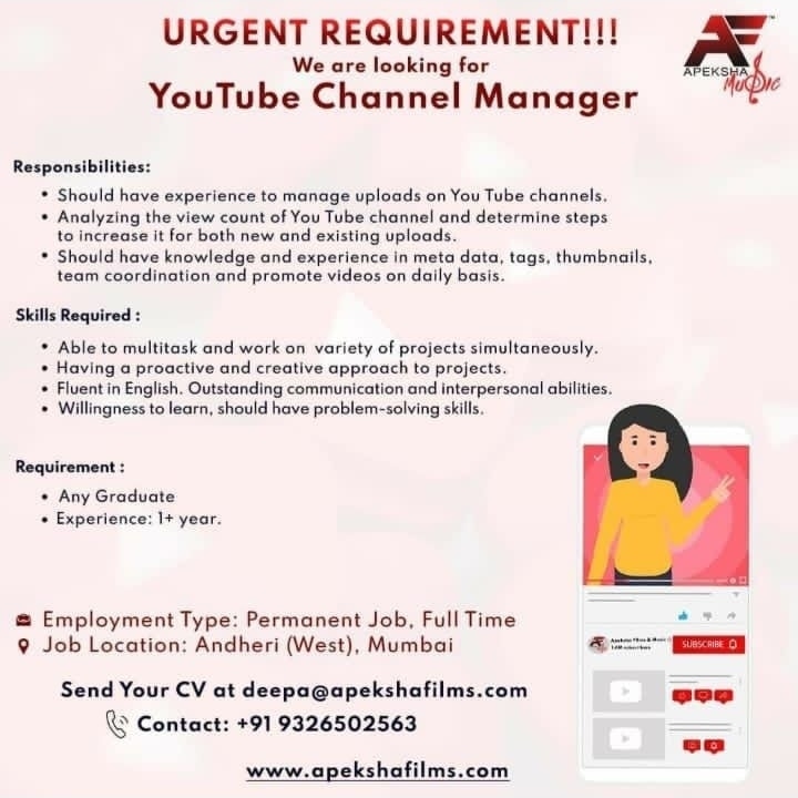 #urgenthiring #urgentrequirement #job #jobvacancy #hiring #hiringnow #ApekshaFilmsAndMusic #vacancy #youtube #youtubemanager #urgent #youtubemanagervacancy #youtubemanagement #Mumbai #mumbaijobs