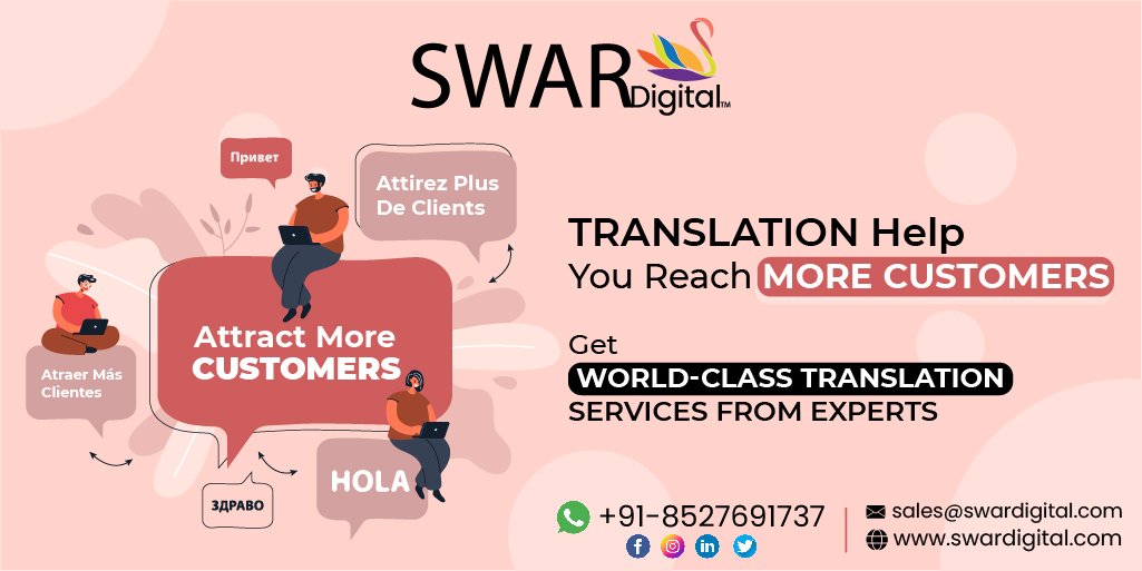 SwarDigital's tweet photo. Attirez Plus De Clients => Attract More Customers => Atraer Más Clientes.
Translation Help You Reach More Customers.
Get World-Class Translation Services From Experts.
Visit Our Website: https://t.co/608V92prwx
Call Or WhatsApp: +91-8527691737
#Translation #translationagency https://t.co/qCcj1LiUSN