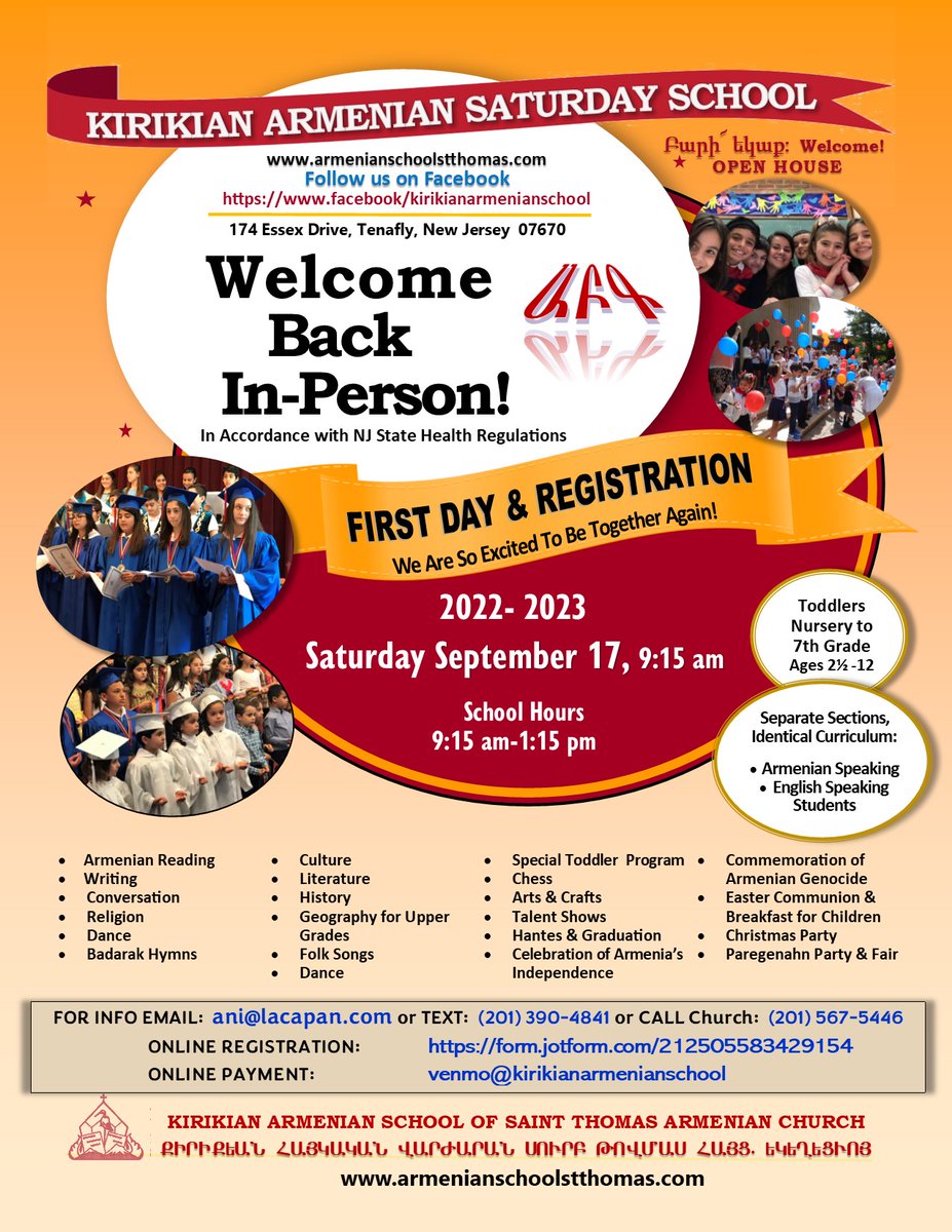 stthomasnj's tweet photo. #School news!
First day of #KirikianArmenianSchool is September 17 at 9:15am.
Welcome back in-person https://t.co/niuKovR3h8