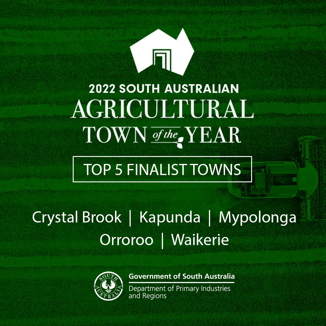 SA_PIRSA's tweet photo. #AgTownOfTheYear top 5 finalist towns have been released! Congratulations to #CrystalBrook #Kapunda #Mypolonga #Orroroo and #Waikerie for making the finalist stage 👏 All the best for the next round of judging #AgTown2022 https://t.co/RGm4WkxTDF