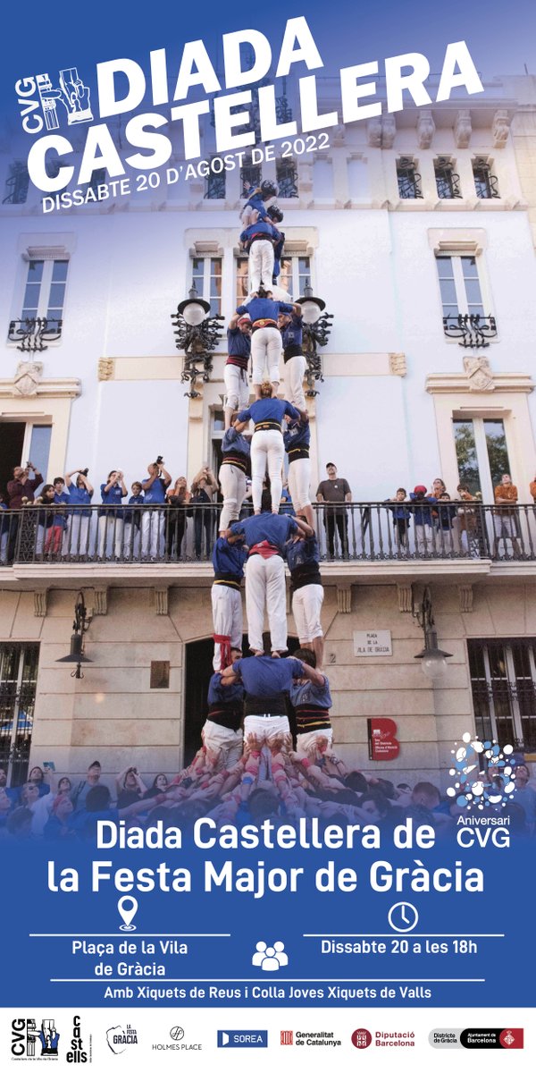 cvg_cat's tweet photo. Dissabte 20 d'agost, a les 18h, Diada Castellera de la #FMGràcia amb @JovesValls i @xiquets.

@festagracia #castells #SomBlauGràcia https://t.co/C6dZlT7YbU