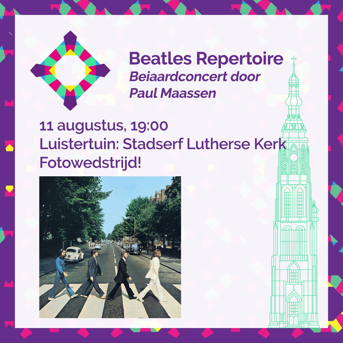 De Beatles in Breda? Zou het echt? Je kunt donderdag om 19:00 in ieder geval genieten van het Beatles Repertoire van stadsbeiaardier Paul Maassen! 

In de daarvoor ingerichte luistertuin van de Lutherse Kerk, op het Stadserf, is programma-informatie en een drankje verkrijgbaar.