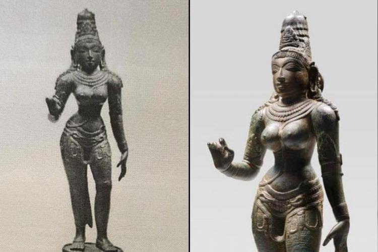 Chola-period Goddess Parvati idol of Kumbakonam's Nadanapureshwarar Sivan Temple, which was stolen 50 years ago, has now been traced to New York, USA

The idol was found at the Bonhams Auction House, New York. Idol was valued at US$ 2,12,575 (about Rs 1,68,26,143)