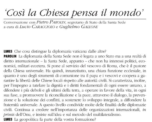 GuGallone's tweet image. Immensamente grato. #Limes da oggi è in edicola. Con un'intervista firmata da @CaraccioloLucio e da me al cardinale Segretario di Stato della Santa Sede, Pietro Parolin. Così la Chiesa pensa il mondo.
#9agosto @limesonline
