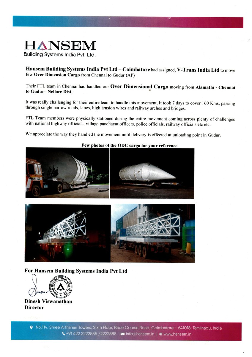 #ODC consignments needed special expertise to deliver them properly. We are happy that our ODC service reached our client's expectations & We appreciate Hansem Building System Pvt. Ltd feedback and looking forward to serving more

#Customerappriciation #Logisticsservices