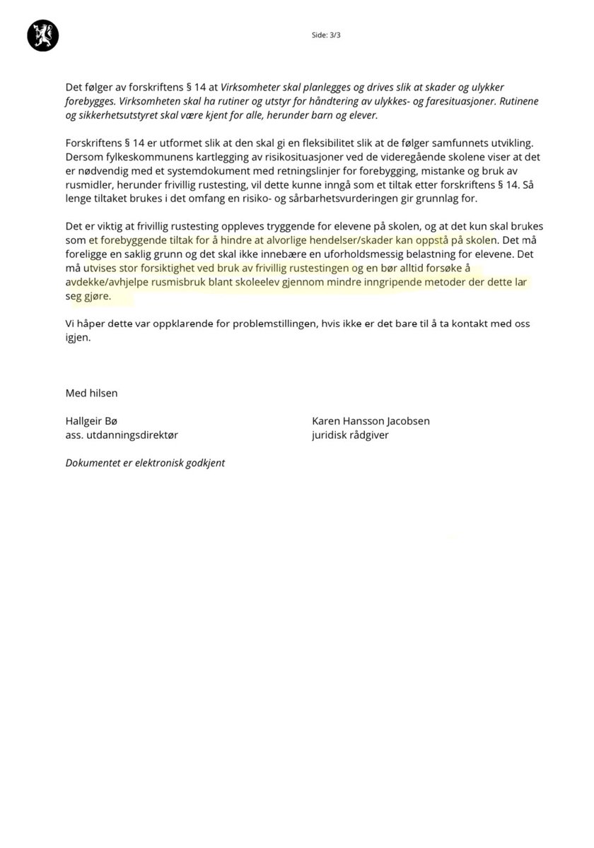 .<a href="/Rogalandfylke/">Rogalandfylke</a> har revidert retningslinjene for rustesting av elever. Statsforvalteren mener det er forsvarlig praksis, <a href="/Datatilsynet/">Datatilsynet</a> mener "ein kan i så fall ikkje kalle samtykket frivillig".

De skal ha for å fjerne NNPF som partner, men dette må de slutte med!/1
#NarkoTwitter