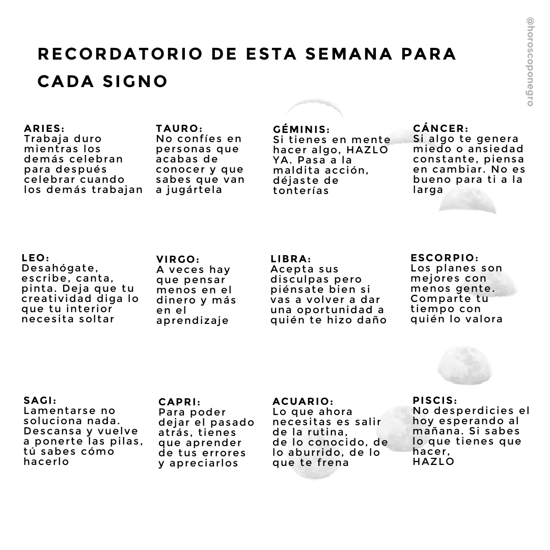 horoscoponegro's tweet photo. Recordatorio de esta semana para cada signo 🔮 https://t.co/bI5vfio3FU