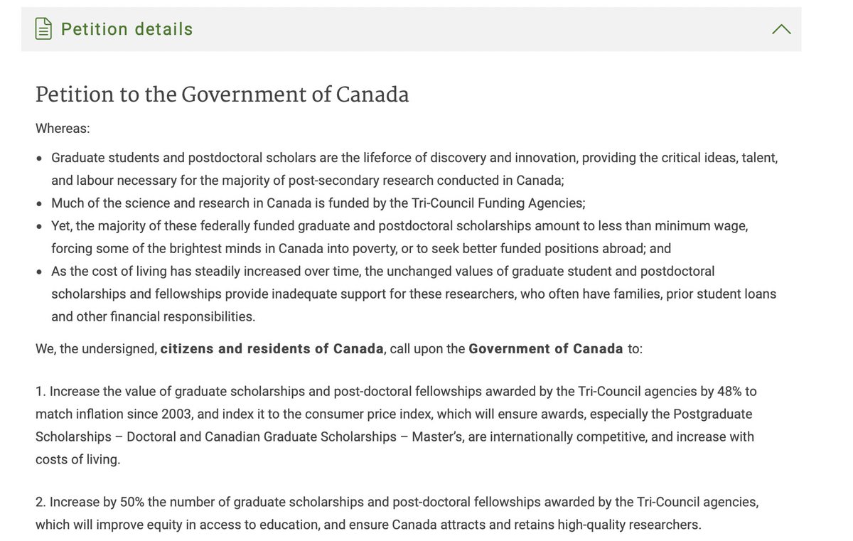 Grad students &amp; postdocs JUST started a petition to the govt: petitions.ourcommons.ca/en/Petition/De…. They request: 1) 48% ⬆️ funding levels, 2) indexation of stipends, and 3) 50% more <a href="/NSERC_CRSNG/">NSERC / CRSNG</a> <a href="/SSHRC_CRSH/">SSHRC</a> &amp; <a href="/CIHR_IRSC/">CIHR</a> awards. Please help them reach &gt;&gt;500 signatures #SupportOurScience 1/3