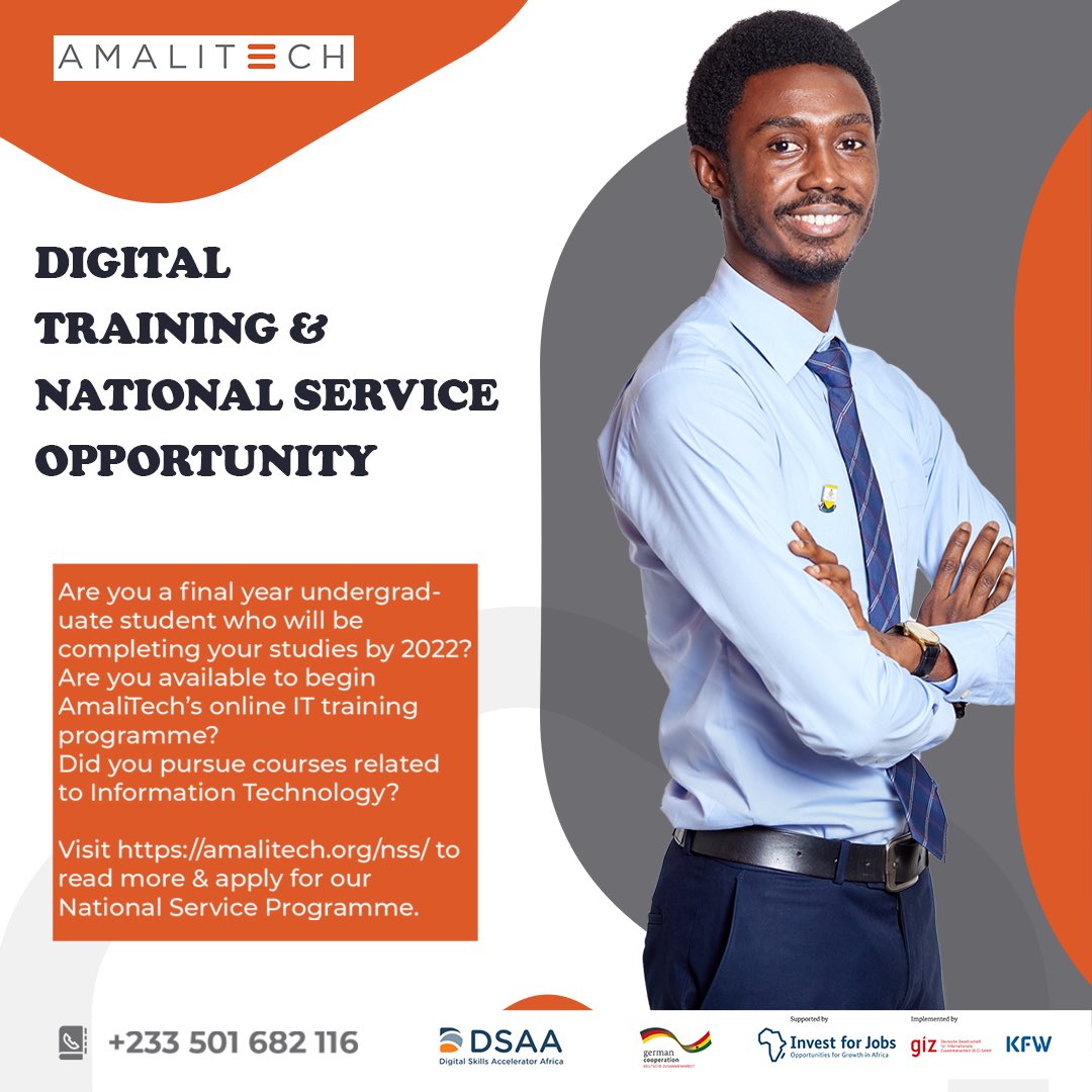 FocusDigitalGh's tweet image. Opportunities for National Services are available for students graduating this year (2022). 

Students enrolled in information technology courses are eligible for this opportunity.

Visit amalitech.org/nss/ to apply.