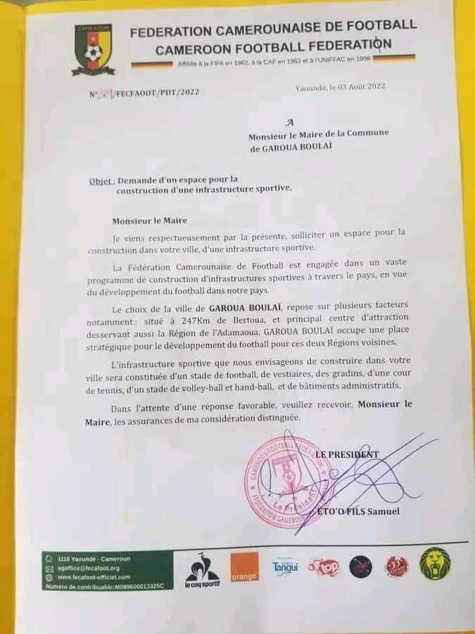 🔴 La FECAFOOT demande un espace à Garoua Boulaï pour la construction d'une infrastructure sportive. L’infrastructure sportive sera constituée d’un stade de football, de volley-ball et hand-ball, de vestiaires, des gradins, d’une cour de tennis et des bâtiments administratifs.