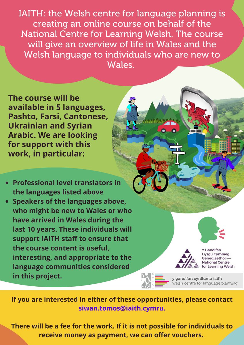 IAITH's tweet photo. Online course on behalf of the National Centre for Learning Welsh - overview of life in Wales + the Welsh language to individuals who are new to Wales

Will be available in 5 languages!

Looking for:
- Professional level translators
- Speakers of the languages below

Details 👇🏻 https://t.co/t4doCBa7qG