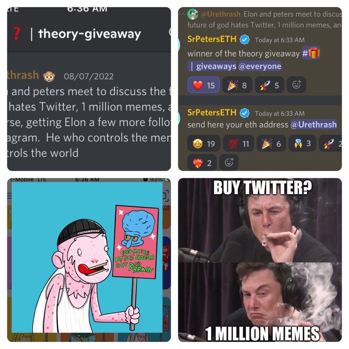 djDriverless's tweet photo. Yoooo!  Just won an @ApeHaterClub from @srpeters @GodHatesNFTees ! @elonmusk, we gonna control the memes, and then the world!
@SrPetersLAB makes good on promises. #GodHatesNFTees https://t.co/NfJpCQtPyO