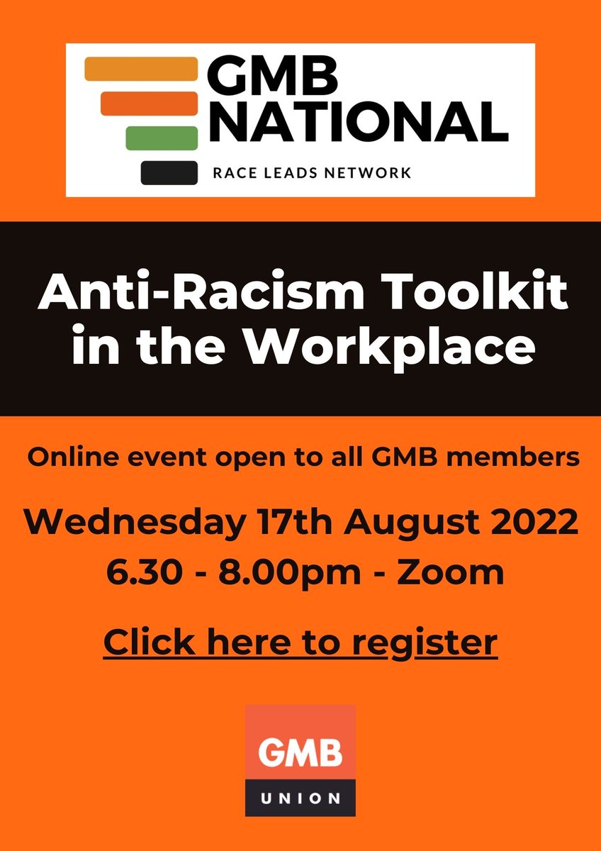 What should an anti-racism toolkit/guide for the workplace look like? Join @RaceGmb next Wednesday to join the discussion: 📅 Wednesday 17 August 🕢 6.30 - 8pm 💻 Register at gmb-org-uk.zoom.us/meeting/regist…