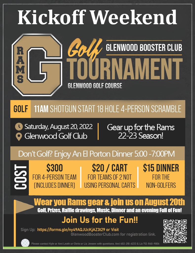 Join us on Aug. 20th for the Glenwood Booster Club Golf Tournament! Shotgun start at 11:00am. If you don’t golf join us for El Porton dinner from 5-7 as we get ready to kick off another school year! You can register here: forms.gle/nrME31cFsd4pug…. Pay here: checkout.square.site/buy/HB2BIR2IOH…