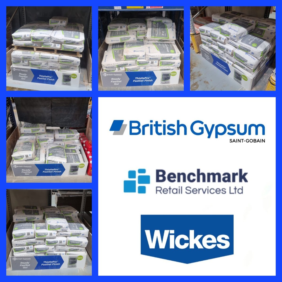 BenchmarkRSL's tweet photo. Our team have recently enjoyed installing eye-catching pallet wraps and training Wickes store staff on the key features and benefits of British Gypsum’s great new ThistlePro FastSet Finish plaster. #britishgypsum #fastset #benchmarkretailservices #merchandising #stafftraining https://t.co/NJAbFZnrwl