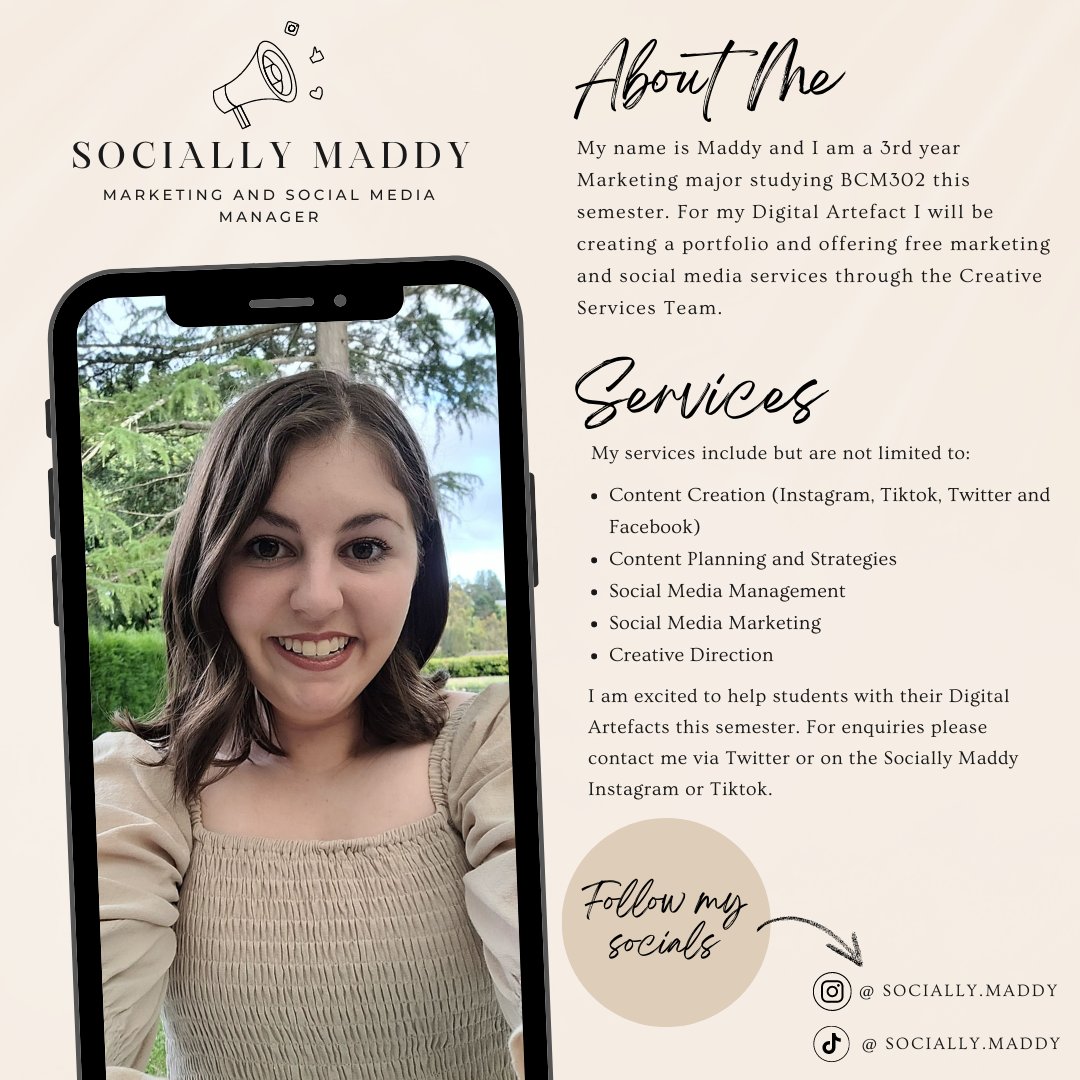For my final Digital Artefact, I will be creating a portfolio and offering free marketing and social media services through the Creative Services Team. If you would like help with any of the services below feel free to contact me
#bcm114 #bcm206 #bcm215 #bcm241  #bcm302