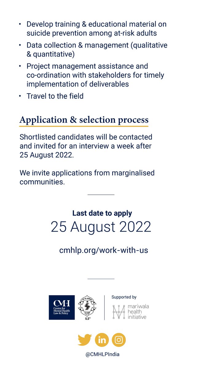JOIN OUR TEAM!

We are looking for a Research Associate (full-time) for our new project on suicide prevention – Contact And Safety Planning (CASP).

Location: Raipur, Chhattisgarh
Last date to apply: 25 Aug 2022
Apply here: cmhlp.org/work-with-us/r…
More details in the image below.