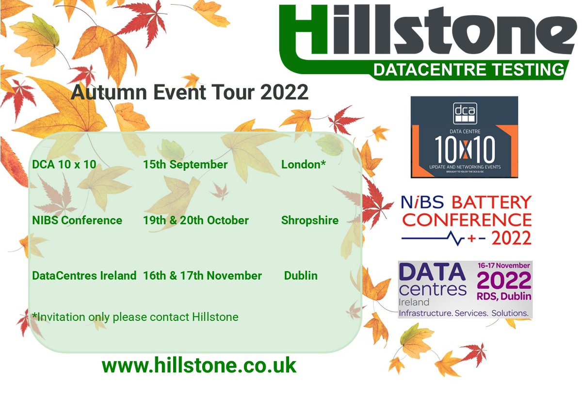 Join <a href="/HP_Loadbanks/">Hillstone Products</a>   #LoadBanks30years  on our Autumn tour across UK &amp; Ireland. We are proud sponsors for all events, <a href="/datacentreall/">The DCA</a>  (Data Centre Alliance), @nibsltd &amp; <a href="/datacentresire/">DataCentres Ireland</a> 2022. We look forward to meeting all new and familiar faces. 

#dca  #NIBS2022  #datacentresire
