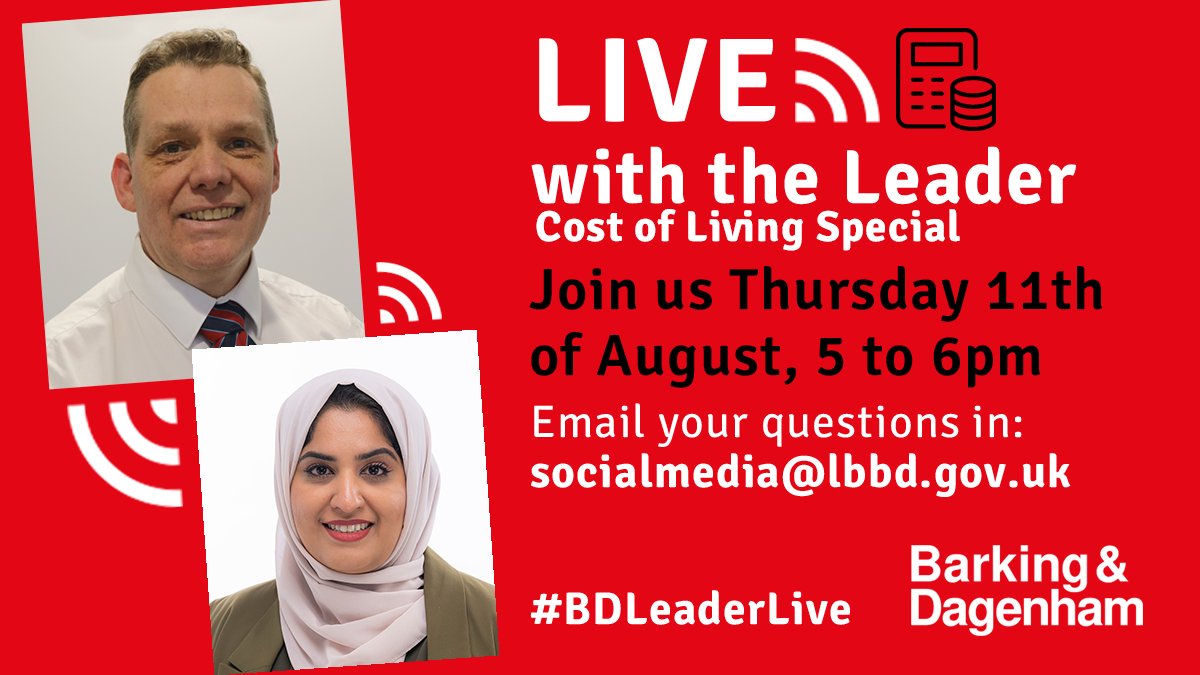 #BDLeaderLive | Cost of Living Special

Cllr Darren Rodwell &amp; Cllr Saima Ashraf will be answering your questions &amp; letting you know more about the support that's here for you during tough times. 

📅 Thurs 11 August, from 5pm: orlo.uk/DKVwI