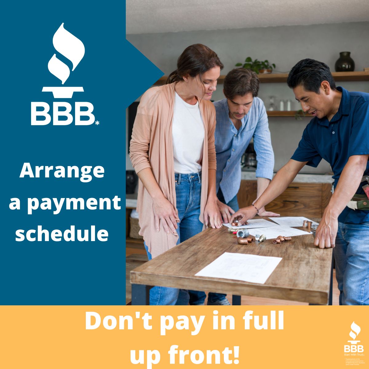 BBBCentralCan1's tweet photo. Before signing a contract, you should arrange a payment schedule that works for you. Stagger your payments so your final payment is not due until the work is complete and you have fully inspected it.
#BBBCanada
#ContractingTips https://t.co/Mejpa9TJlZ