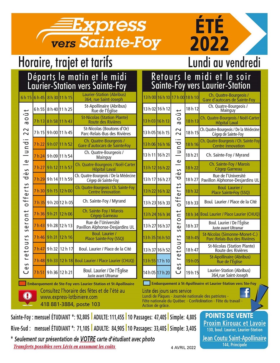 L'horaire régulier de l'Express Lotbinière sera de retour dès le lundi 22 août. 👇

#lotbiniere #DecouvrirChaqueJour #lotbilove #transportencommun