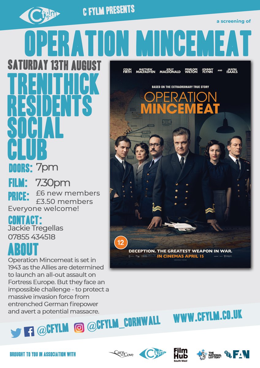 Operation Mincemeat screens at Trenithick Residents Social Club in Mount Hawke this Saturday 13th August, with the support of #NationalLottery and <a href="/BFI/">BFI</a>.
All welcome!