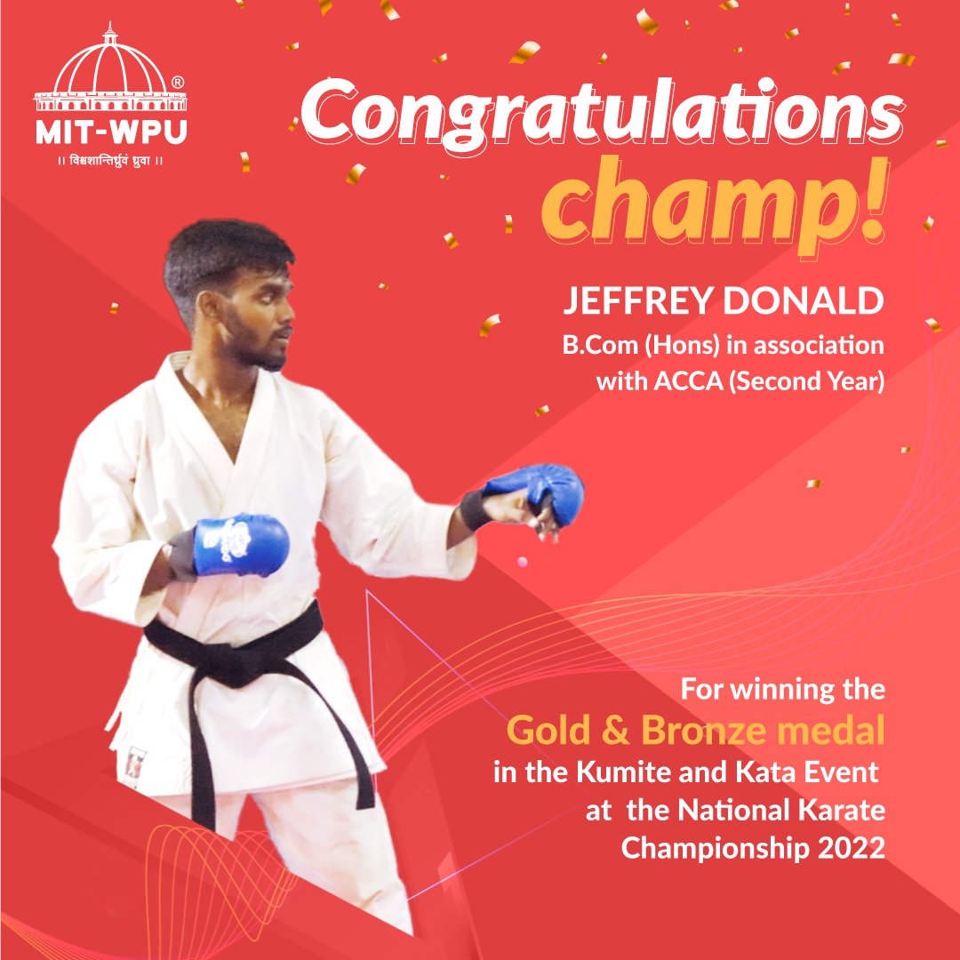MITWPUOfficial's tweet photo. Congratulations to Jeffrey Donald (School of Commerce) for fighting his way to the top.
MIT-WPU is proud of you!
#studentachievements #starsofMITWPU #kumitekata #nationalkaratechampionship #MITWPU #mitwpuuniversity #UnlockPotential #topuniversity #mitworldpeaceuniversity https://t.co/h7W8gbjeYe