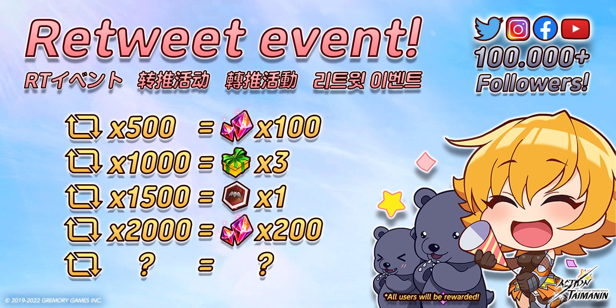 Thank you all for helping us reach 100,000 followers!
Reach the respective number of retweets during the event period, and all users will be rewarded!
And if this gets more retweets, you might even get more rewards!

Event period: until August 17th 01:00 (UTC)