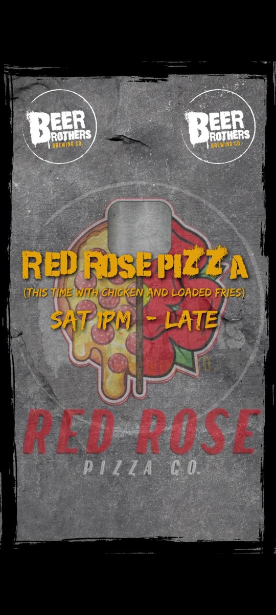 Red Rose Pizza Co (@redrosepizzaco) on Twitter photo We've got something really exciting in store this Saturday with our buddies <a href="/BeerBrothersPR1/">Beer Brothers Brewery</a> π
You seriously need to try these wings and loaded fries. Best in the business! That's a promise.
Prepared and freshly fried infront of your eyes ππ
1pm till late!
πΉπ We've got something really exciting in store this Saturday with our buddies <a href="/BeerBrothersPR1/">Beer Brothers Brewery</a> π
You seriously need to try these wings and loaded fries. Best in the business! That's a promise.
Prepared and freshly fried infront of your eyes ππ
1pm till late!
πΉπ