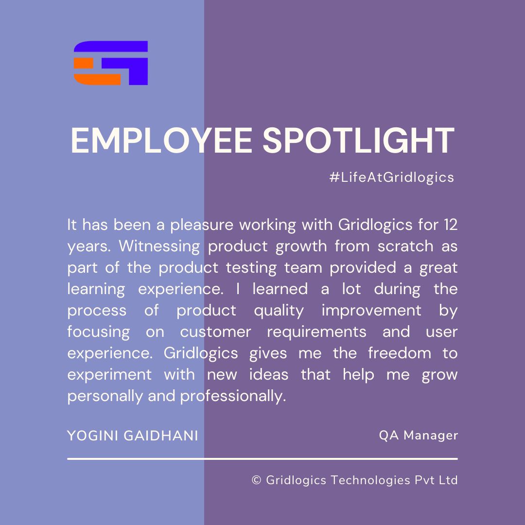 gridlogics's tweet photo. Ms. Yogini Gaidhani, QA Manager talks about #LifeAtGridlogics
A great place to work! Gridlogics | Passion & Experience in the field of innovation & IP solutions. https://t.co/92fD3cMfgZ