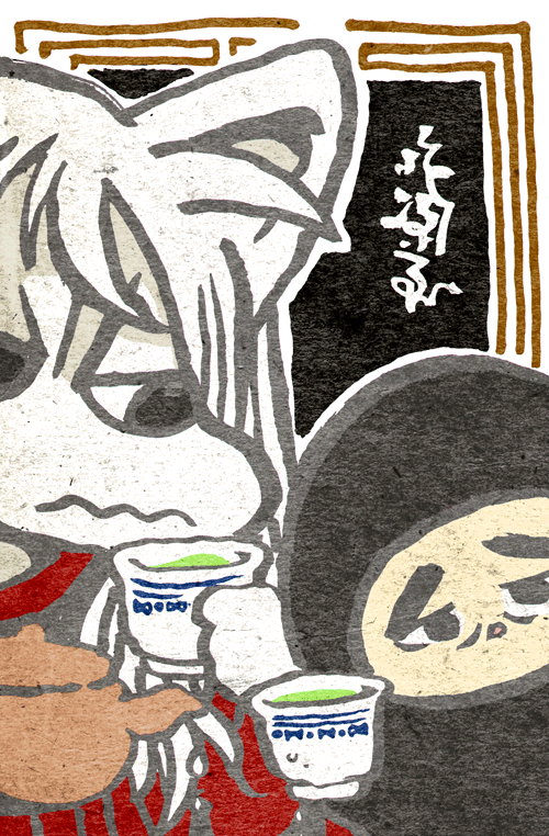 #牛若小太郎 火曜日なのでコーンジョを描く。ぬらりひょんとお煎茶。 