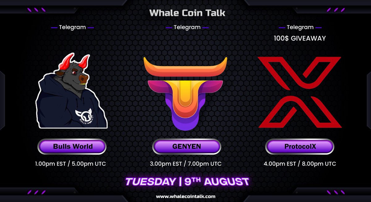 AMA ANNOUNCEMENT 📢

➡️ Join: t.me/whalecointalk
➡️ Follow: <a href="/whalecointalk/">Whale Coin Talk</a>
🏦 Join our #AMA with @RealBullsWorld, <a href="/GenyenOfficial/">Genyen Official</a> &amp; <a href="/ProtocolX_/">Protocol X Token</a>.

You also stand a chance to win a share of $100 at the end of the AMA.🤑

Verify team <a href="/whalecointalk/">Whale Coin Talk</a> | 🐋 linktr.ee/officialwhalec…