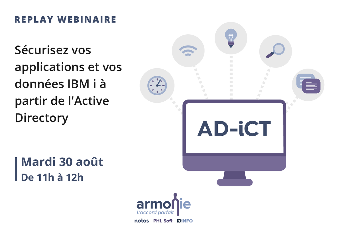 IDINFO_CONSEIL's tweet photo. Vous êtes à la recherche d’une solution pour intégrer votre IBM i dans votre active directory ? Venez découvrir AD-iCT, la solution standard SSO entre l’IBM i et l’active directory lors du replay de notre webinaire, le mardi 30 août à 11h00.

Venez vous inscrire ici : https://t.co/f9vUTp4vC8