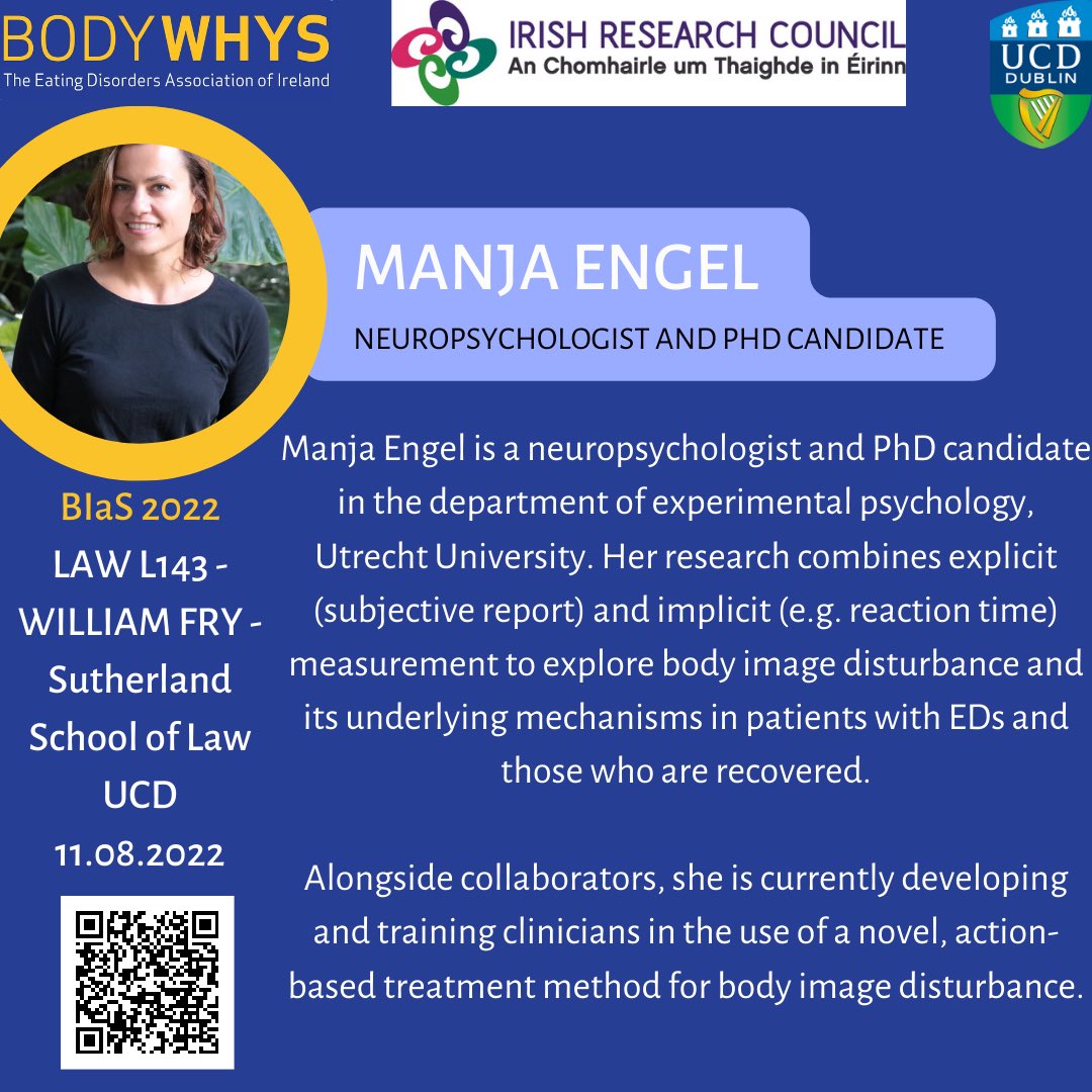 ucdbodylab's tweet photo. 📢 Only 2️⃣ days to go until #BIaS22! 

📍 @UCD Sutherland School of Law 

📅 11/08/22 10am - 5pm

📋 Neuropsychologist and PhD candidate @ManjaEngel2 of @UniUtrecht will give a 🎤 just after lunch on recovering from #bodyimagedisturbance in Anorexia Nervosa

⏱ 3:40pm - 4:20pm https://t.co/a5iRDqBn6c