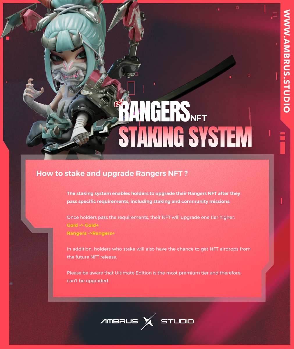 AmbrusStudio's tweet photo. You can upgrade your Rangers NFT by staking it.

Rangers edition👉Rangers+ edition
Gold edition👉Gold+ edition

Join the E4Cverse to know more about the Rangers NFT.

https://t.co/2RGdazHPZJ

#NFT #e4c https://t.co/FHm7og3vm0