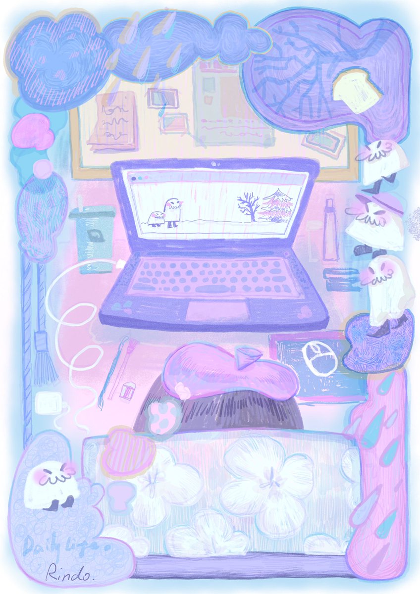 Rindooooo1's tweet photo. Daily life.我的日常生活
画画自己的桌面，当作是联系
  很少画的梦幻色系hhhh
  小阿飘真的好可爱啊
#illustration https://t.co/QDFcPMIs4b