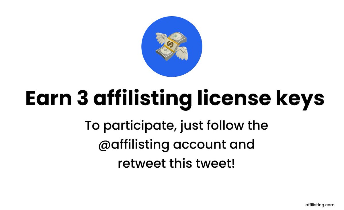 Affilisting - Find the best affiliate programs (@affilisting) on Twitter photo Giveaway time!
We give you 3 affilisting licenses to celebrate the creation of the official twitter account of Affilisting.
To participate, just follow the <a href="/affilisting/">Affilisting - Find the best affiliate programs</a> account and retweet this tweet!
Result this Friday at 6 p.m. (Paris) Giveaway time!
We give you 3 affilisting licenses to celebrate the creation of the official twitter account of Affilisting.
To participate, just follow the <a href="/affilisting/">Affilisting - Find the best affiliate programs</a> account and retweet this tweet!
Result this Friday at 6 p.m. (Paris)
