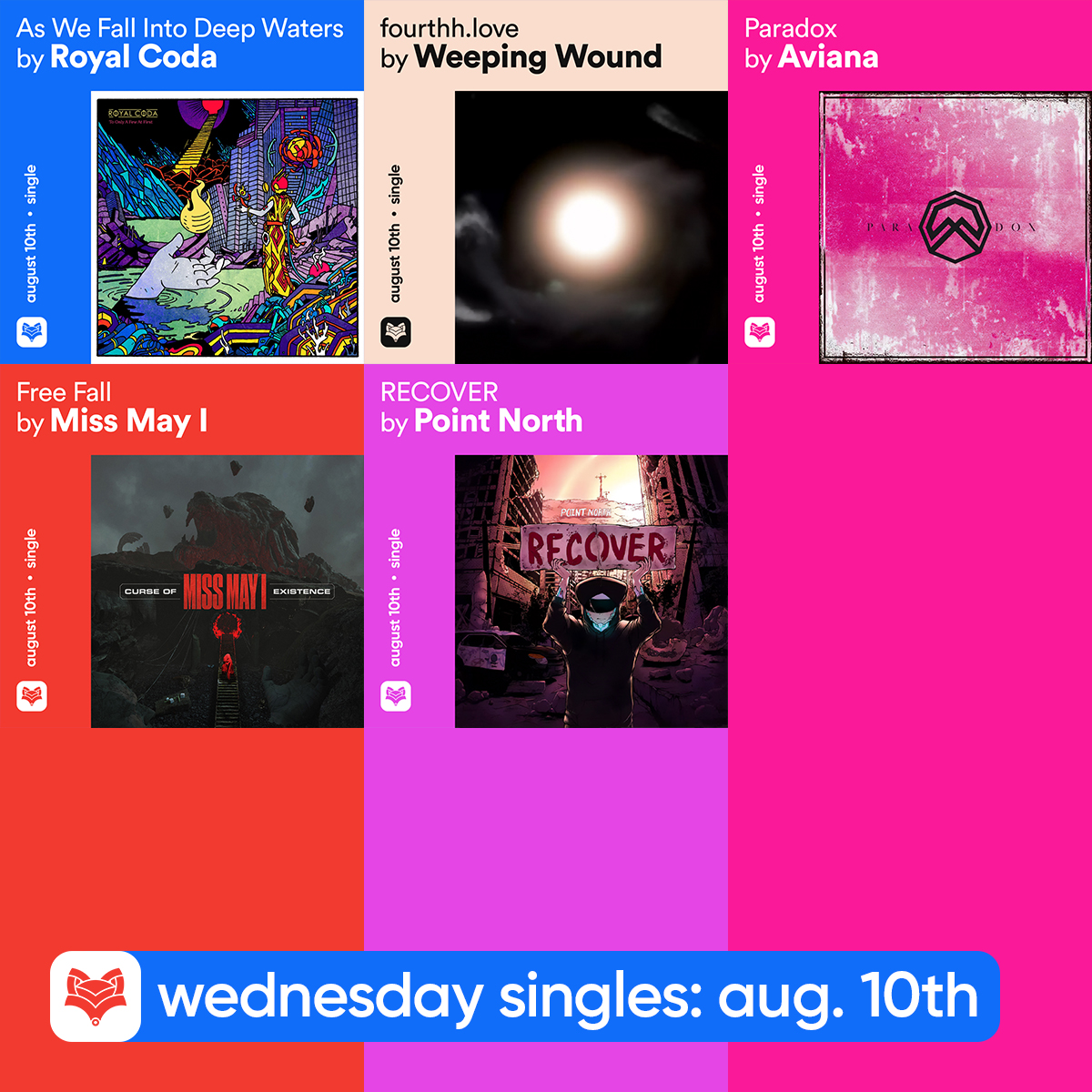 FOXCOREisdead's tweet photo. // #Wednesday singles: August 10th
@RoyalCoda โ As We Fall Into Deep Waters
@weepingwoundfl โ https://t.co/LqZdRvVDzQ
@avianaswe โ Paradox (feat. #MarcusVik of @Invent_Animate)
@missmayiband โ Free Fall
@PointNorthBand โ RECOVER https://t.co/HTgTn1A25P