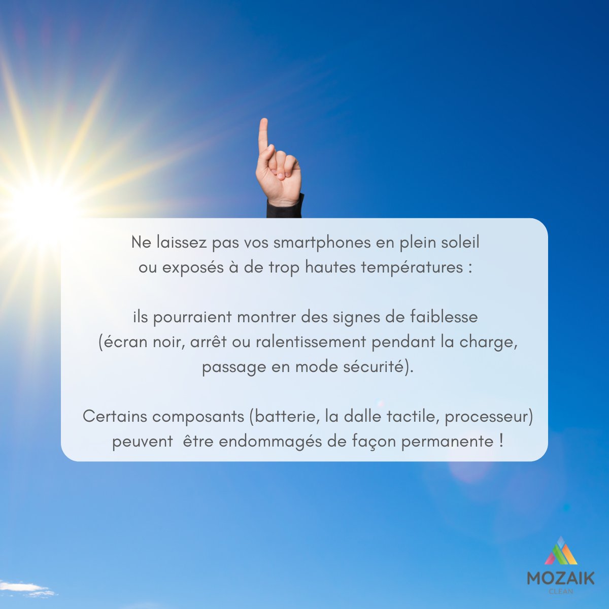 penbase's tweet photo. Canicule + soleil + chaleur + #smartphones = ⚠️

👉 Pour garder votre flotte en bon état et continuer à utiliser #MOZAIK Agent en toute tranquillité, voici quelques bonnes pratiques

#smartphone #bonnespratiques #nettoyage #propreté #hygiène #désinfection #téléphone #chaleur https://t.co/lSPNrI3IpQ