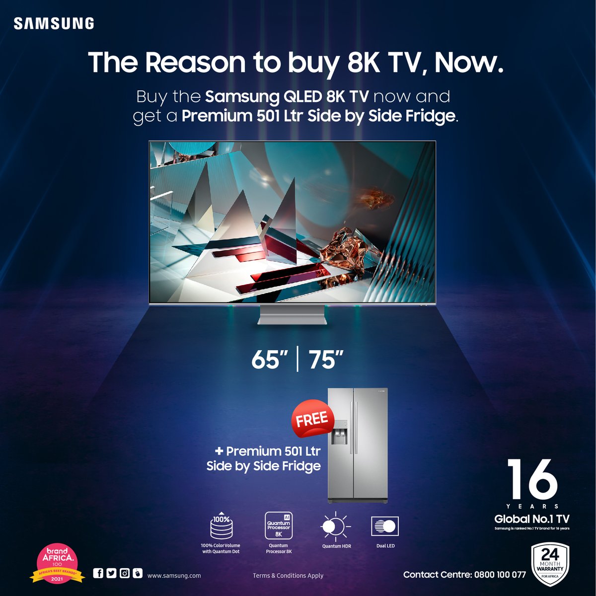 Samsung_Ghana's tweet image. We've got an even better offer for you!
Just walk into any of our retail outlets and buy the QLED 8K TV and get a FREE premium 501 Ltr Side by Side Fridge!🤩

#Samsung #qled8k
