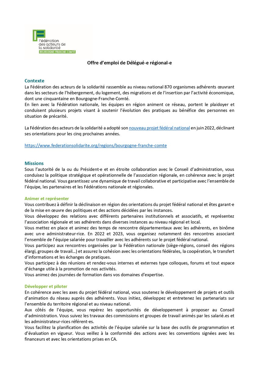 FAS_BFC's tweet photo. 🔥 Offre d'emploi 👇
Nous recrutons notre délégué·e régional·e à partir du mois de septembre 2022.
Vous vous reconnaissez dans cette annonce et avez envie de vous investir dans un beau projet au sein d'un réseau militant ? Rejoignez-nous ! https://t.co/9aENyAFdIl