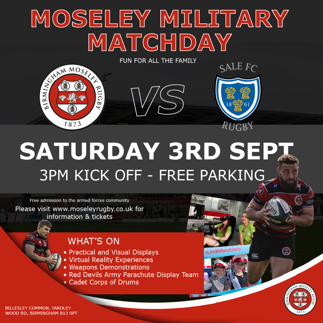 MoseleyRugbyFC's tweet photo. 𝐌𝐨𝐬𝐞𝐥𝐞𝐲 𝐌𝐢𝐥𝐢𝐭𝐚𝐫𝐲 𝐌𝐚𝐭𝐜𝐡 𝐝𝐚𝐲

Saturday 3rd September

@MoseleyRugbyFC v @SaleFC 

Free entry for the armed forces community (normal gate entry for everyone else)

A full afternoon of military displays

Tickets available now https://t.co/oHZ73r8OSS

#rugby https://t.co/ZkIUCv9Vko
