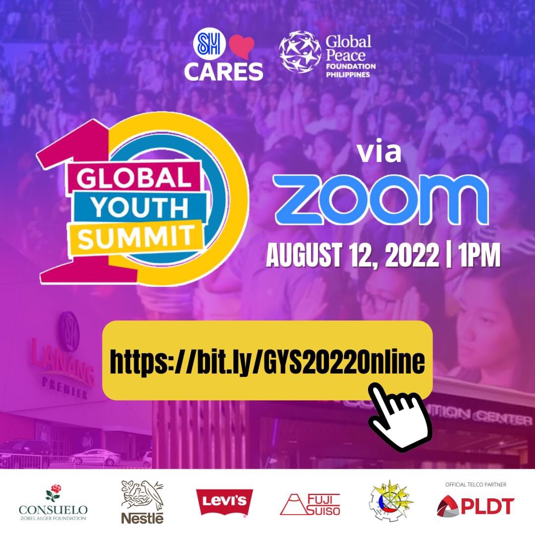 GYS_Philippines's tweet photo. WE HEARD YOU Luzon and Visayas! 📣

We are opening the Zoom Registration https://t.co/TVOXpv10MI for those who cannot fly to Davao for the upcoming 10th Global Youth Summit in SMX. Don’t miss #GYS2022 on August 12, 2022 (1:00 PM to 5:00 PM) ✨ Register now! https://t.co/QubWVMLUXA