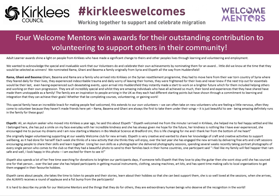 rogers_steffi's tweet photo. Four of Our incredible Welcome Mentor Volunteers have won awards for their amazing contribution to the Community!!! 🏆 🏆 🏆 @kirkleeswelcome @ChristinaSimpk6 @TSLVolunteering @KirkleesCouncil @Ghani_hashas https://t.co/B4uKRHLoNi
